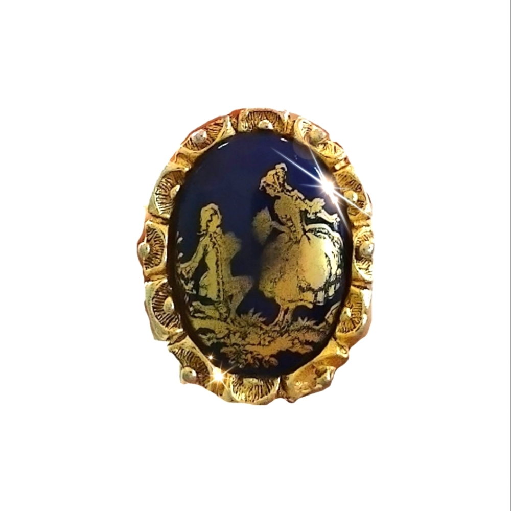 Vintage Cobalt Blue Couple in Etched Gold Limoges Earrings